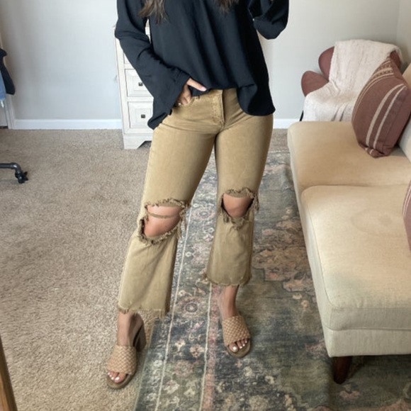 Women’s Risen Distressed Caramel Brown cropped Jeans 5/27 - Picture 5 of 5